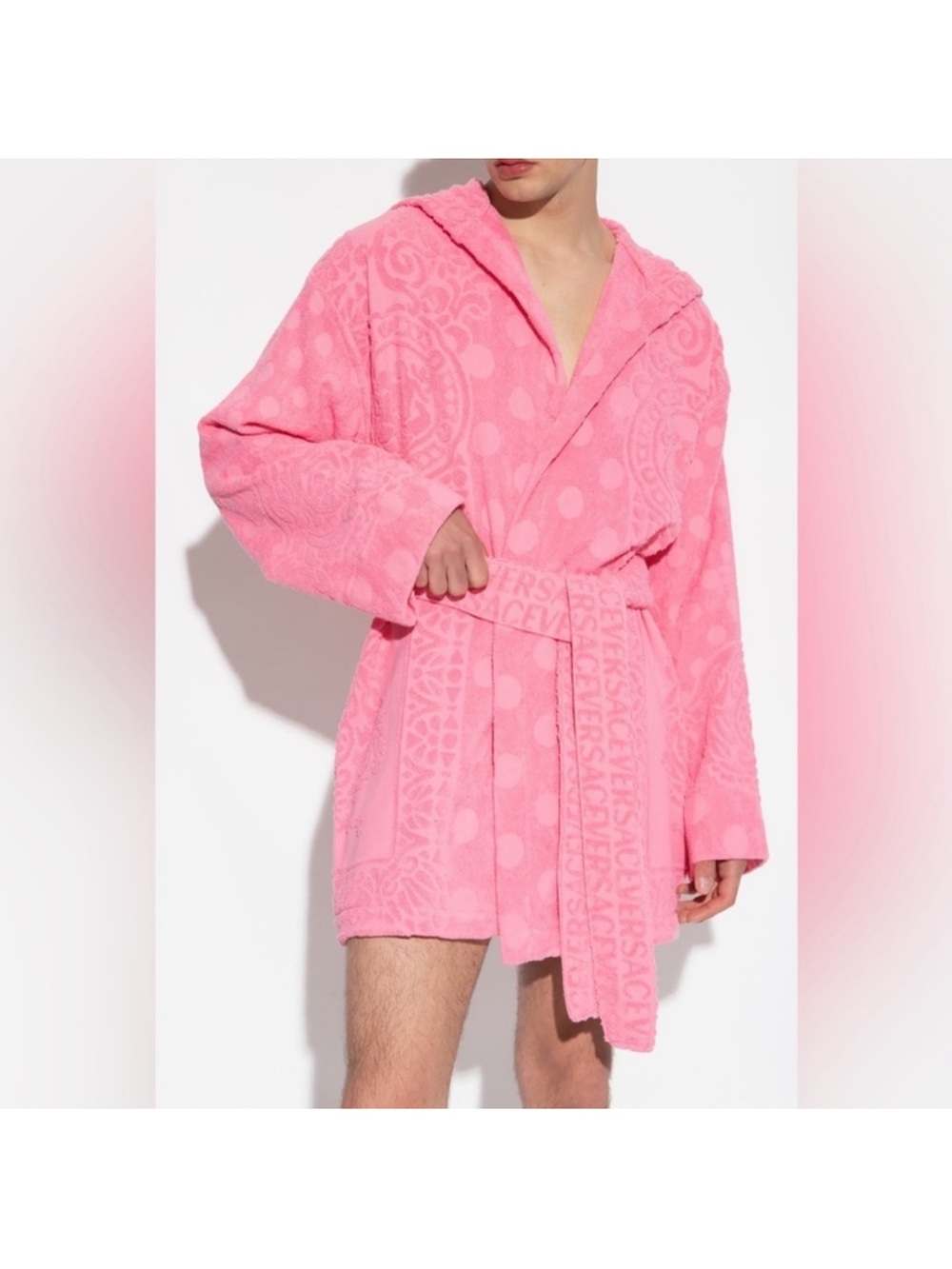 Versace NWT Pink Hooded Terry Robe with Box, Beautiful Bright Pink, Size L